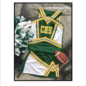 Dark Green & Gold Girls Medium Cheer Uniforms , Girls Uniforms, School Spirit, Custom Design Tees, Girls Cheer Tops, School Spirit Uniforms