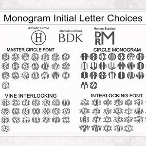 Pode incluir: Uma folha branca exibe op&ccedil;&otilde;es de letras iniciais de monograma. O texto inclui os estilos "Athletic Circle", "Marcellus Initials" e "Human Stacked". V&aacute;rias op&ccedil;&otilde;es de fonte s&atilde;o mostradas, incluindo Master Circle, Circle Monogram, Vine Interlocking e Interlocking Font.