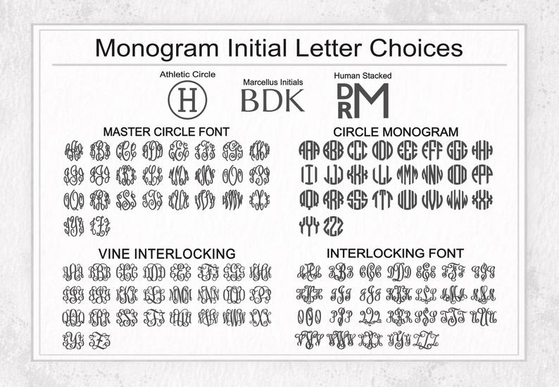 Pode incluir: Uma folha branca exibe op&ccedil;&otilde;es de letras iniciais de monograma. O texto inclui os estilos "Athletic Circle", "Marcellus Initials" e "Human Stacked". V&aacute;rias op&ccedil;&otilde;es de fonte s&atilde;o mostradas, incluindo Master Circle, Circle Monogram, Vine Interlocking e Interlocking Font.