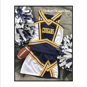 SALE!! Navy & Gold Cheer, Cheerleader Uniforms , Girls Uniforms, School Spirit, Cheer, Custom Design Tees, Girls Cheer Tops, Gift for Girsl