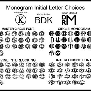 May include: A chart showing different monogram font styles. The chart is divided into three sections: Master Circle Font, Circle Monogram, and Vine Interlocking. Each section shows a variety of letter combinations in different styles.