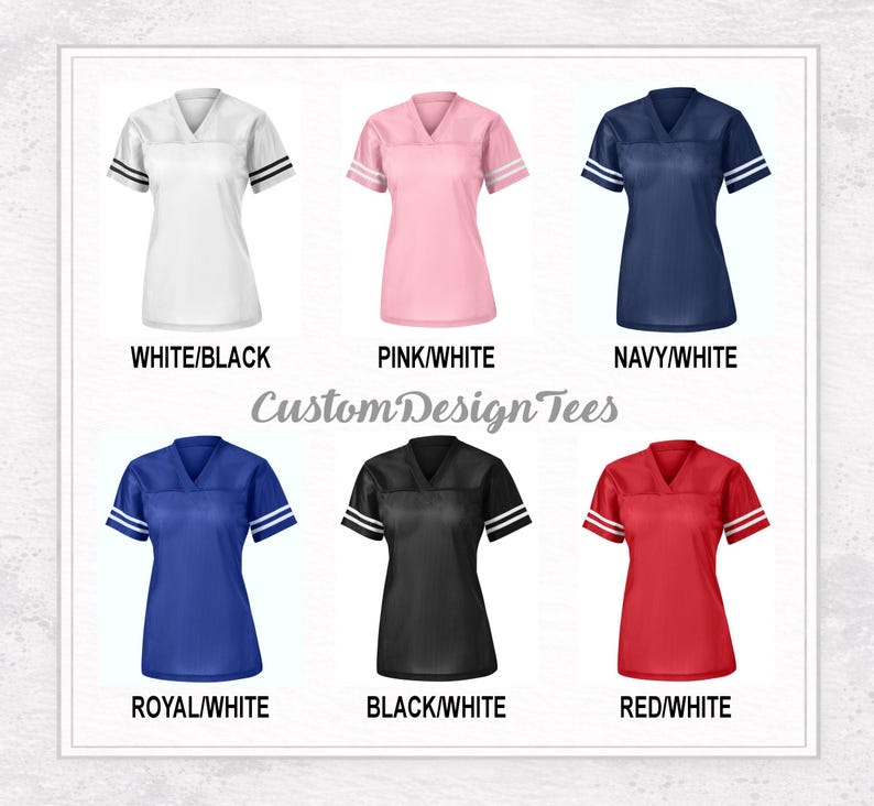 May include: Six v-neck jerseys with short sleeves and two stripes on each sleeve, labelled CustomDesignTees. Colours include white/black, pink/white, navy/white, royal/white, black/white, and red/white, each displayed with its respective colour name.