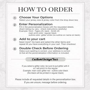 May include: A white graphic with instructions on how to order a custom jersey. The text includes steps for choosing options, entering personalization details, adding to cart, and double-checking the order. The CustomDesignTees logo is also present.