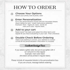 May include: A white informational graphic titled HOW TO ORDER with four numbered steps for customising apparel. It includes instructions on selecting sizes, entering personalisation details, adding items to a cart, and verifying order information.