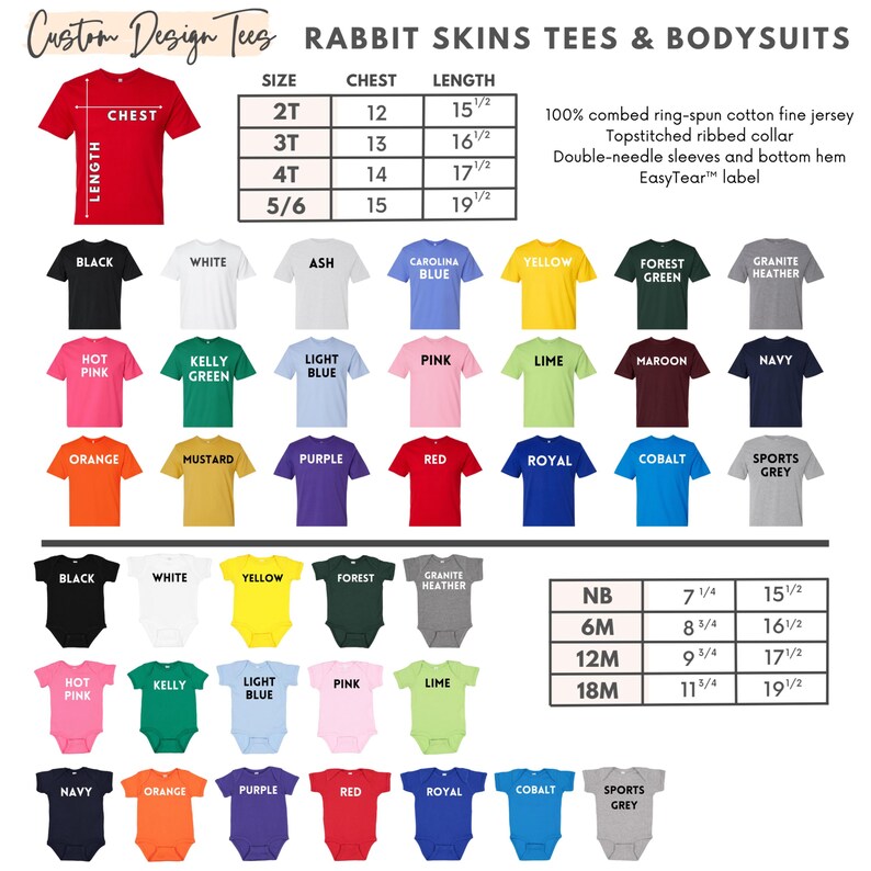 May include: A product image showcasing a variety of Rabbit Skins tees and bodysuits in various colors, including black, white, and pink. The image also displays a size chart with chest and length measurements in inches.