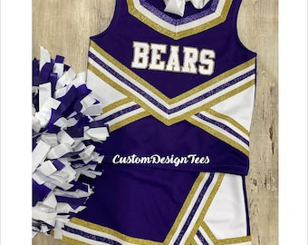 Purple & Gold Cheer Uniforms, Girls Cheer Uniforms, Toddler Cheer Outfit, Custom Design Tees, Girls Purple Cheer, School Spirit Uniforms