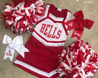 Red & Silver Cheer Uniform, Girls Cheer Uniforms, School Spirit, Ladies Cheer, Custom Design Tees, Girls Custom Cheer, School Spirit Uniform