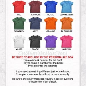 May include: A grid of twelve V-neck t-shirts in various colors, including red, maroon, royal blue, and hot pink. The text on the image says "Custom Design Tees" and provides instructions for personalization.