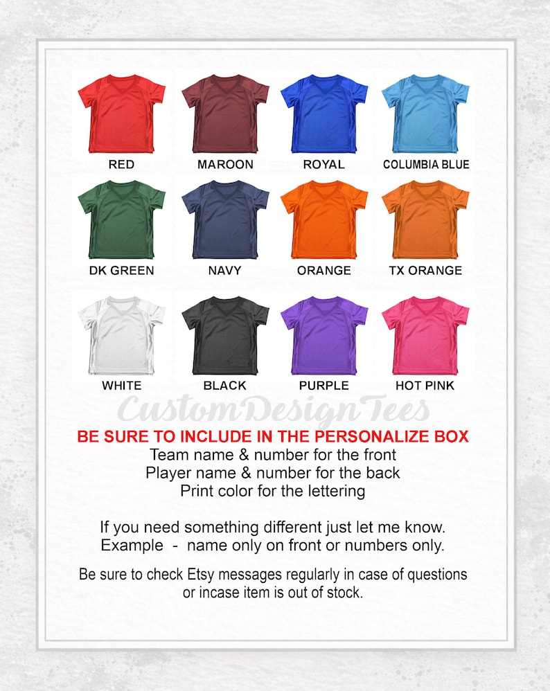 May include: A grid of twelve V-neck t-shirts in various colors, including red, maroon, royal blue, and hot pink. The text on the image says "Custom Design Tees" and provides instructions for personalization.