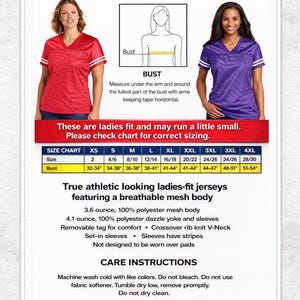 May include: A size chart for athletic jerseys featuring a red and a purple V-neck jersey with white sleeve stripes. The chart includes bust measurements in inches, a how-to-measure diagram, and product specifications for 100% polyester mesh fabric.