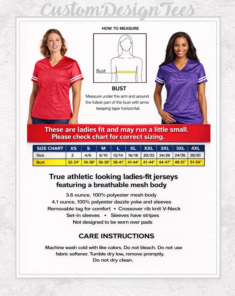 May include: A size chart for athletic jerseys featuring a red and a purple V-neck jersey with white sleeve stripes. The chart includes bust measurements in inches, a how-to-measure diagram, and product specifications for 100% polyester mesh fabric.