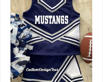Navy & Silver Cheer Uniforms , Girls Cheer Uniforms, Toddler Cheer Outfit, Custom Design Tees, Girls Navy Cheer Set, School Spirit Uniforms