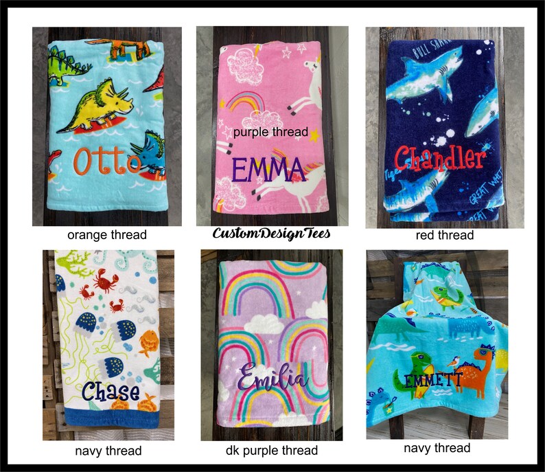 May include: Collection of personalized beach towels with embroidered names. Designs include dinosaurs, sharks, sea creatures, rainbows, and unicorns. Towels are in various colors, including blue, pink, and purple. The text "Custom Design Tees" is also visible.