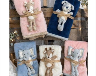 Personalized Baby Blanket with Name Embroidered and Stuffed Elephant, Sherpa Lined Baby Blanket with Stuffed Animal, Custom Baby Shower Gift