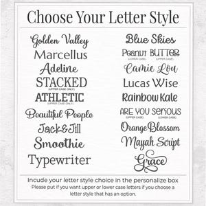 May include: A white background displays a list of lettering styles. The text "Choose Your Letter Style" is at the top. Various font styles are shown, including "Golden Valley," "Blue Skies," and "Peanut Butter." Instructions are provided below the list.