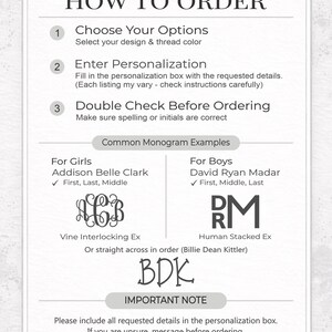 May include: A white graphic with instructions on how to order personalized items. The steps include choosing options, entering personalization details, and double-checking the order. Examples of monograms are shown.