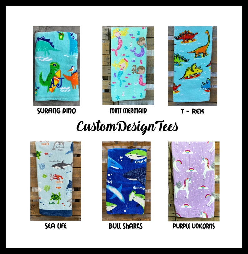 May include: Collection of colorful beach towels with various designs. Includes a turquoise towel with a surfing dinosaur, a mint green towel with mermaids, and a blue towel with dinosaurs. Other towels feature sea life, sharks, and unicorns. The text "CustomDesignTees" is also visible.