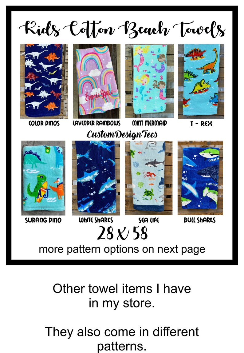 Pode incluir: Toalhas de praia de algod&atilde;o para crian&ccedil;as, com v&aacute;rios desenhos: dinossauros, arco-&iacute;ris, sereias e tubar&otilde;es. Cada toalha mede 71 x 147 cm. Mais padr&otilde;es dispon&iacute;veis. O texto "Kids Cotton Beach Towels" est&aacute; no topo.