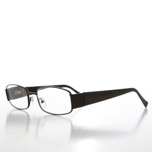 May include: Black rectangular frame eyeglasses with clear lenses.