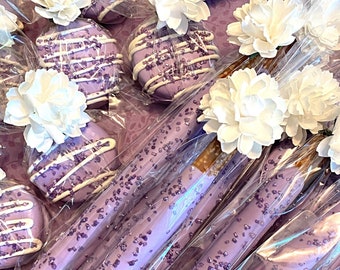 COMBO:  Purple White Chocolate Covered Dipped Oreo Cookies, Purple White Chocolate Covered Pretzels, Girls Baby Shower Favors, Purple Treats