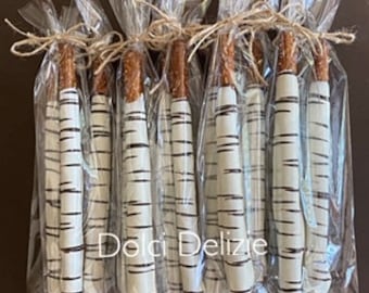 Birch Bark Pretzel Rods, Tree Logs, Birch Tree Chocolate Pretzel Rods,  Birch Bark Logs,  Woodland Themed Party, Wedding Favors
