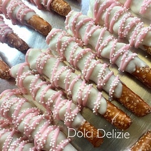 White and Pink Half Stick Pretzels, White and Pink Chocolate Dipped Covered Pretzel Rods, Princess Party, Girls Baby Shower Favors