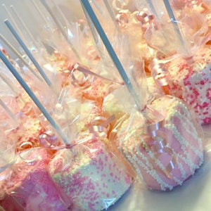 Pink Marshmallows, Pink Chocolate Covered Marshmallow Pops, Pink Wedding Favors, Girls Baby Shower Favors, Pink Candy Table, Girls Baptism