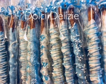 Boys Baby Shower Favors, Boys Baptism Favors, Boys Commmunion Favors, Blue Chocolate Covered Dipped Gourmet Pretzels, Blue Caramel Pretzels