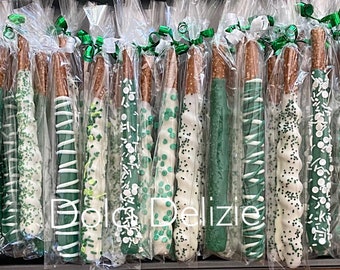White Chocolate Covered Pretzel Rods, Green Sprinkles, St. Patrick's Day Treats Pretzels