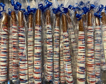 4th of July Pretzels, Red White Blue Chocolate Dipped Pretzels Rods, Patroitic Pretzels, Memorial Day Treats, Fourth of July Pretzels