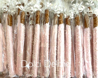 Girls Pink Baby Shower Favors, Girls Pink Baptism Favors, Girls Pink Commmunion Favors, Pink Chocolate Covered Dipped Pretzels Rods