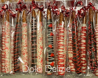 Red Favors, Red Treats, Red White Chocolate Dipped Pretzels. Valentine's Day Pretzels, Sweetest Day Pretzels, Red Candy Table