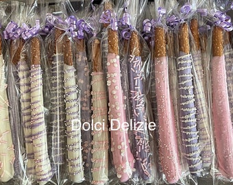 Girls Baby Shower Favors, Girls Baptism Favors, Girls Communion Favors, Pink and Purple Chocolate Covered Pretzels, Chocolate Favors