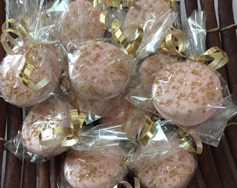 Pink Gold Oreo, Pink Gold Chocolate Covered Oreos, Girls Pink Baby Shower, Pink Gold Desserts, Pink Gold Cookies, Sweet 16 Party