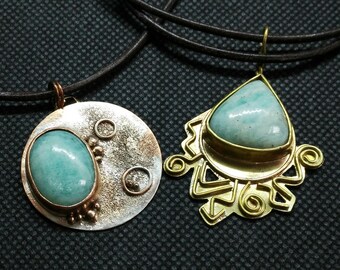 Sun and full moon: matching amazonite pendants, gift for sisters and friends, inspired by the baroque sacred heart and aztec jewelry