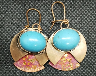 Turquoise and copper dangle earrings/ fiery purple and pink patina/ turquoise paste cabochon