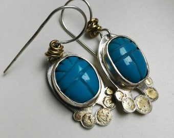 Earrings with turquoise scarab beetle, lucky charms inspired by the ancient Egyptian sun god.