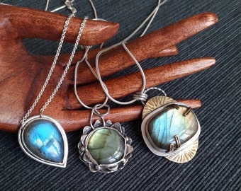 Ethnic pendants with blue & green labradorite with silver chains, in silver and brass