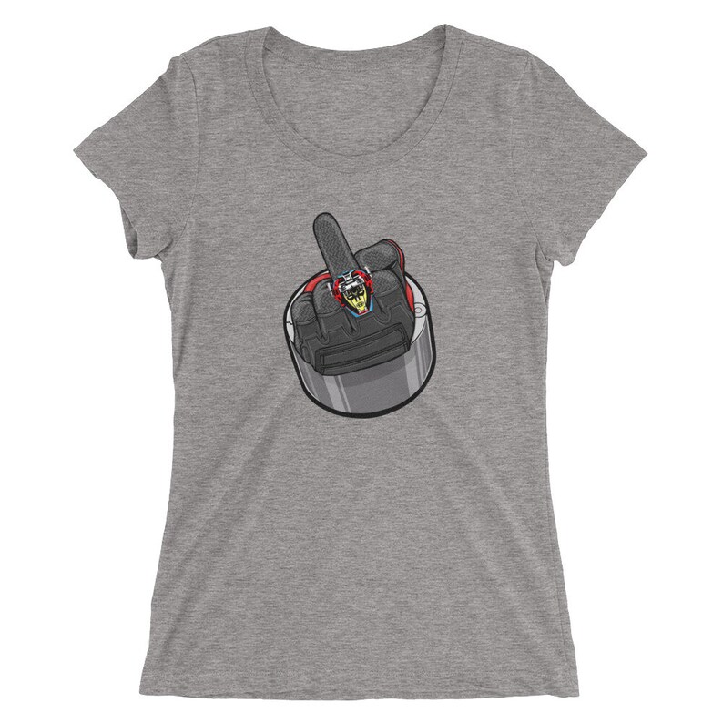 May include: A gray t-shirt with a cartoon image of a hand giving the middle finger. The hand is wearing a black glove and a ring with a skull on it.