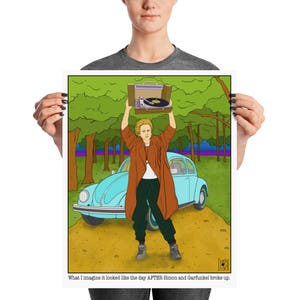 Op de afbeelding: Een cartoonillustratie van een persoon die een vintage platenspeler vasthoudt en voor een lichtblauwe Volkswagen Kever staat. De achtergrond is een groen bos met een paarse lucht. De tekst "What I imagine it looked like the day AFTER Simon and Garfunkel broke up." staat onderaan de afbeelding.