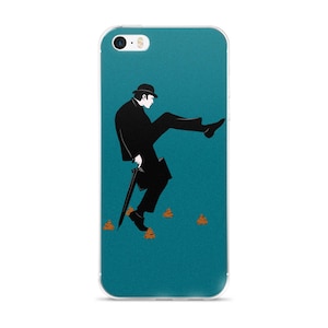 Könnte beinhalten: Transparente Handyhülle mit einer skurrilen Illustration eines Mannes mit Melone und Anzug, der sein Bein hochwirft. Der Mann ist schwarz auf türkisblauem Hintergrund, mit braunen Formen zu seinen Füßen.