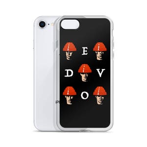 May include: A black phone case with a white design of six red hats with faces and the letters "EDVOV".