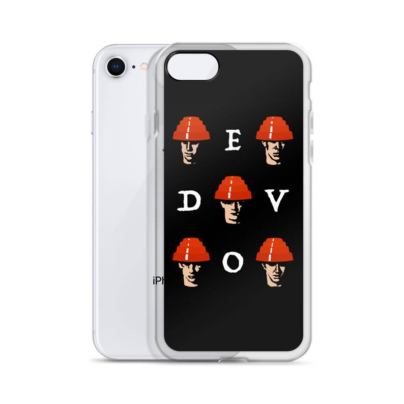 May include: A black phone case with a white design of six red hats with faces and the letters "EDVOV".