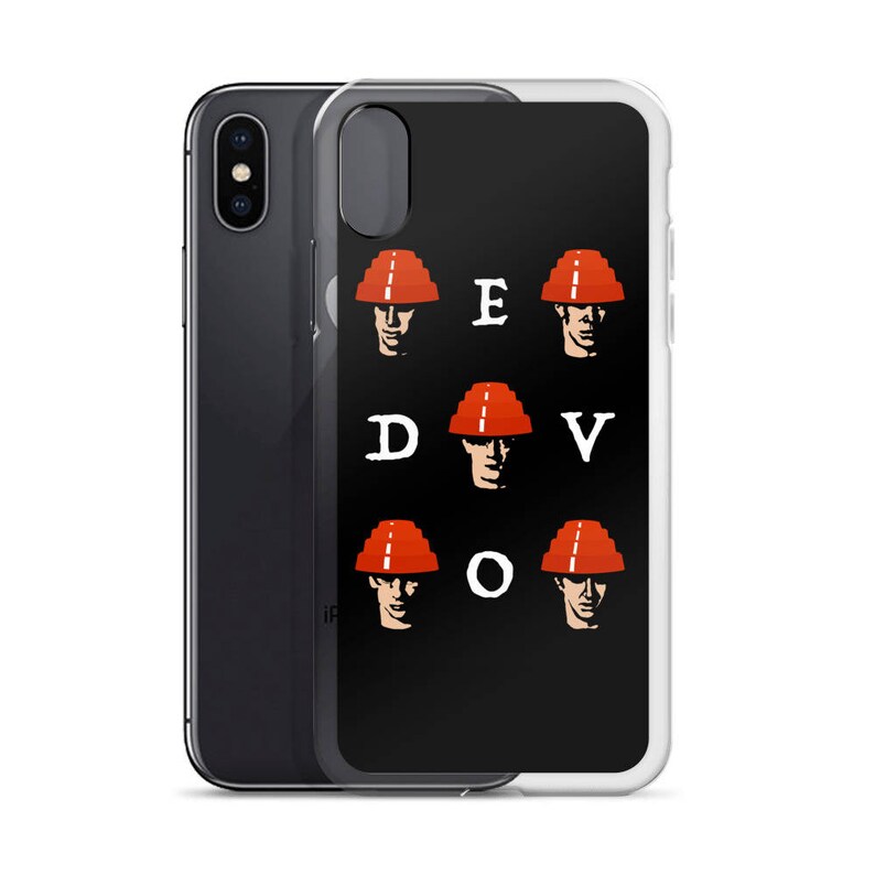 May include: A black phone case with a white design of six red construction worker hats with faces and the letters "DEVOU" in white.