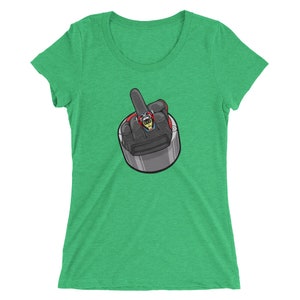 May include: A green women's t-shirt with a graphic of a curling stone giving the middle finger.