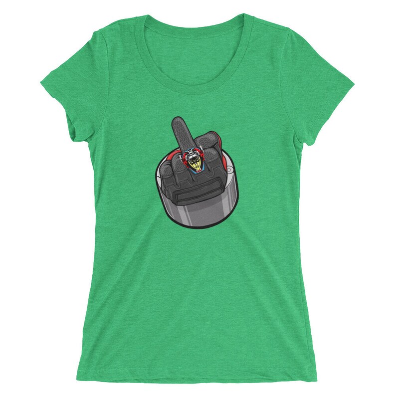 May include: A green women's t-shirt with a graphic of a curling stone giving the middle finger.