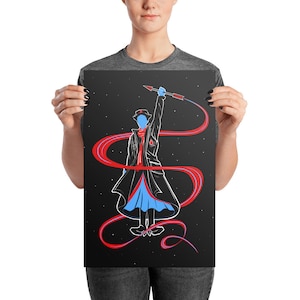 May include: Poster featuring a stylized illustration of a figure in a long coat, hat, and scarf, holding a staff with a red ribbon-like design against a black background with white stars. The figure is blue, with red and black accents.