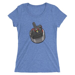 May include: A blue t-shirt with a graphic of a hand giving the middle finger, with a ring on the middle finger.