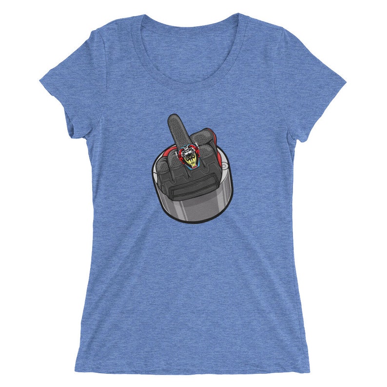 May include: A blue t-shirt with a graphic of a hand giving the middle finger, with a ring on the middle finger.
