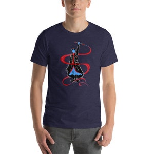 May include: A navy blue t-shirt with a graphic of a person in a blue and black outfit holding a red ribbon.